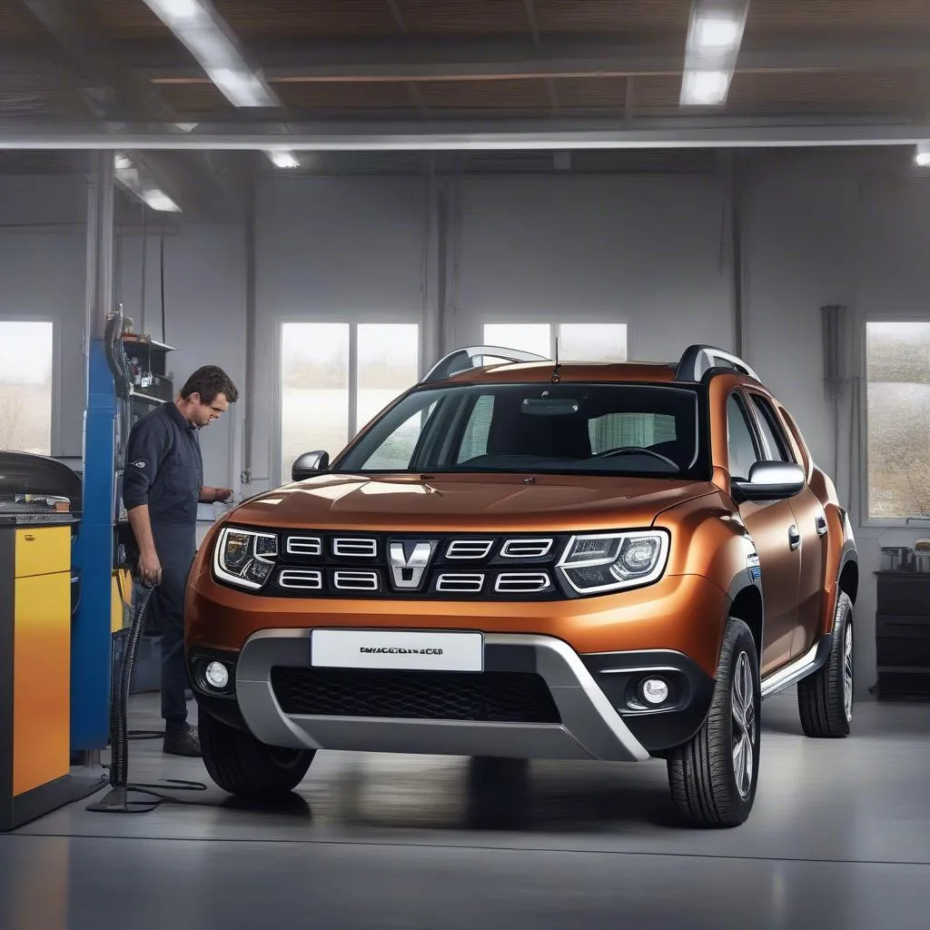 Mechaniker führt einen Ölwechsel an einem Dacia Duster in einer Werkstatt durch