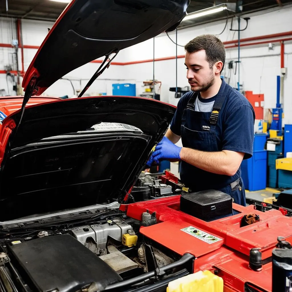 Inside view of a Dacia car repair workshop in Passau with mechanics working on a car