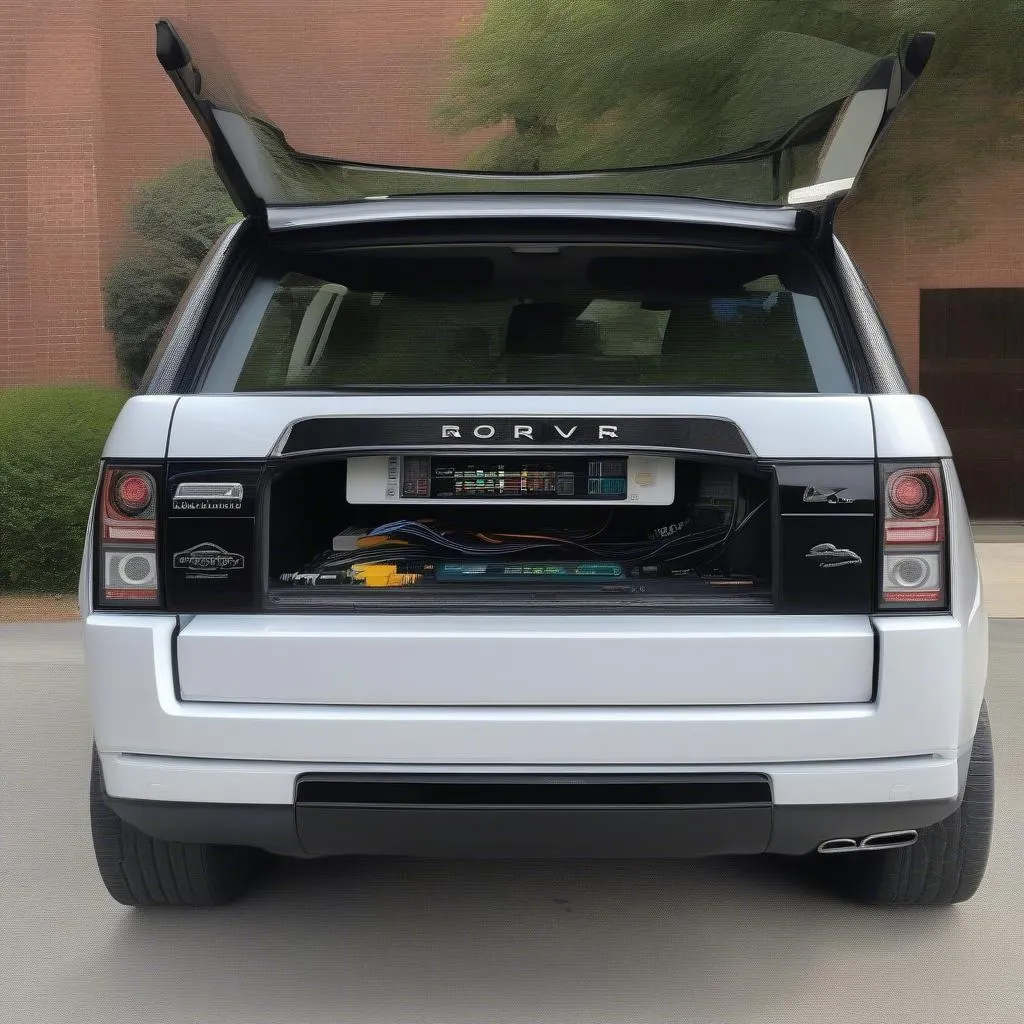 Ein modernes Diagnosegerät, das an einen Range Rover Limo angeschlossen ist