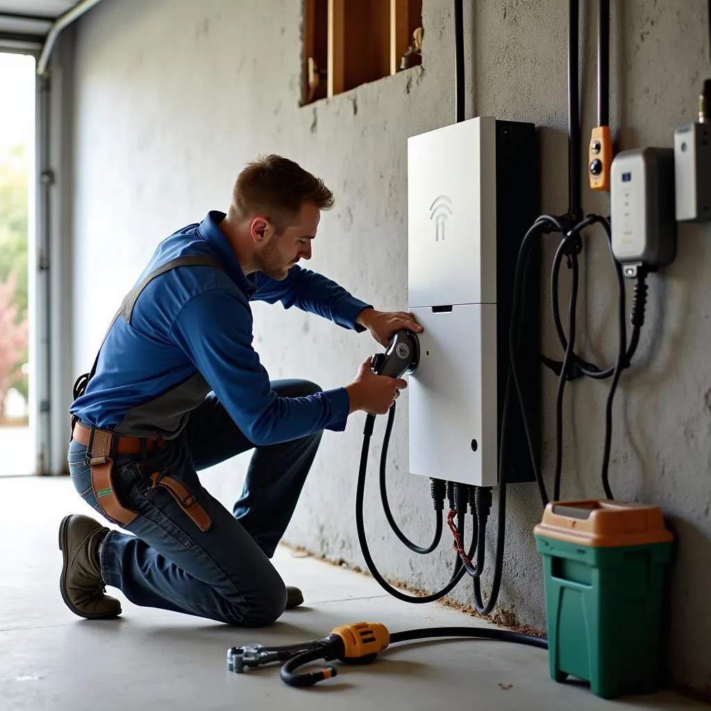 Elektriker bei der Installation einer Ladesäule in einer Garage