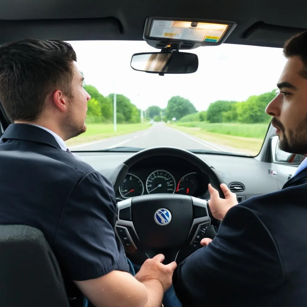 Fahrlehrer und Schüler im Auto