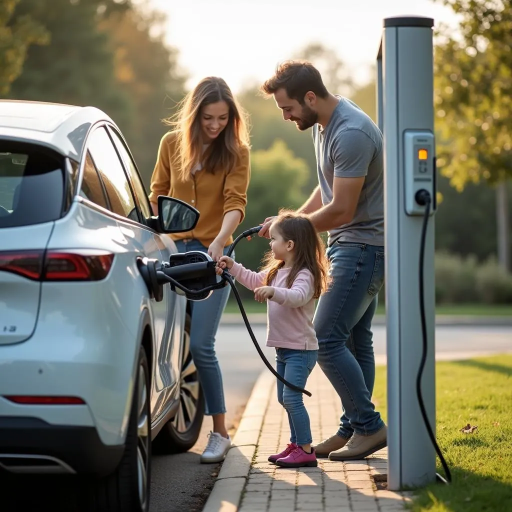 Familie lädt Elektroauto an Ladestation auf