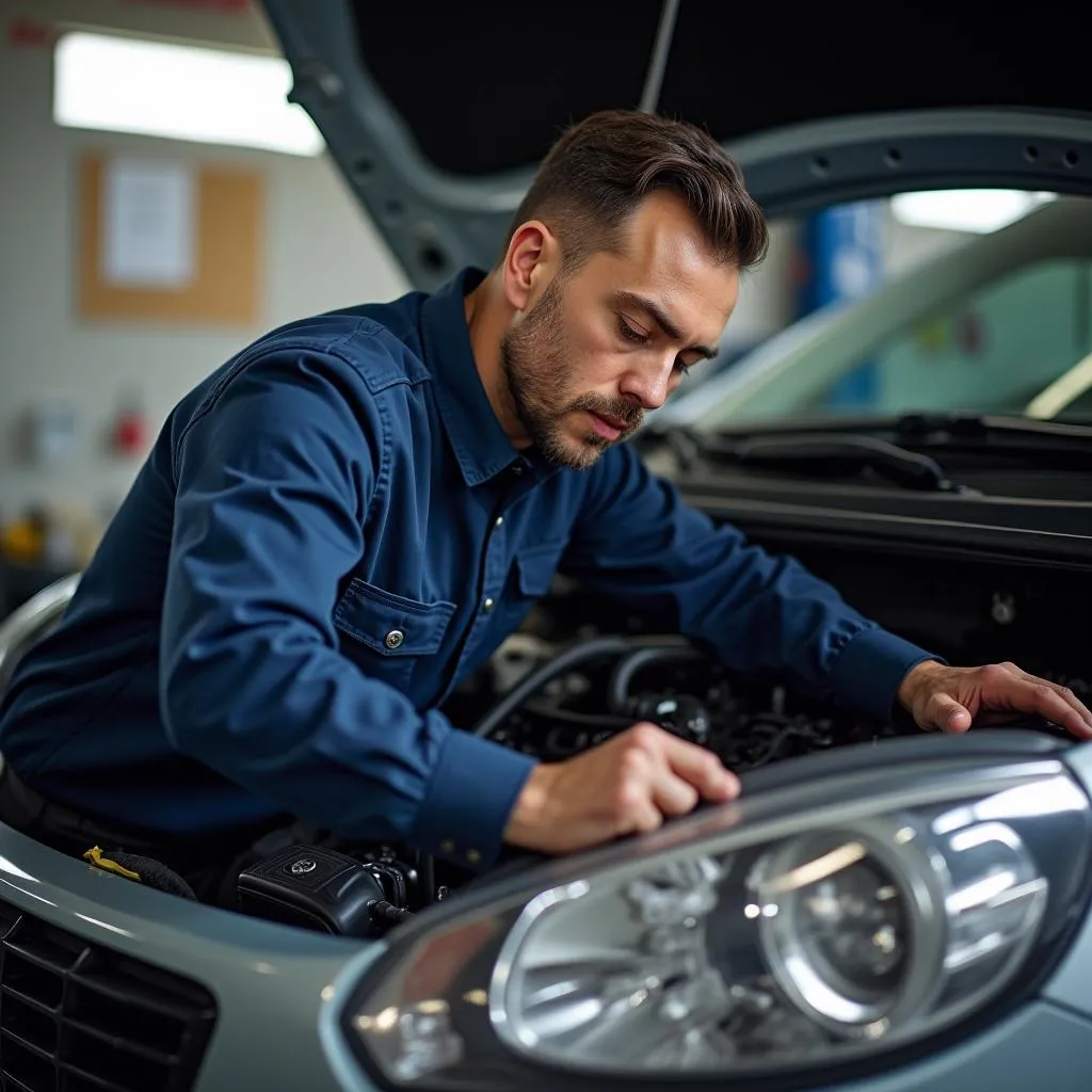 Ein erfahrener Fiat Mechaniker bei der Reparatur eines Fahrzeugs