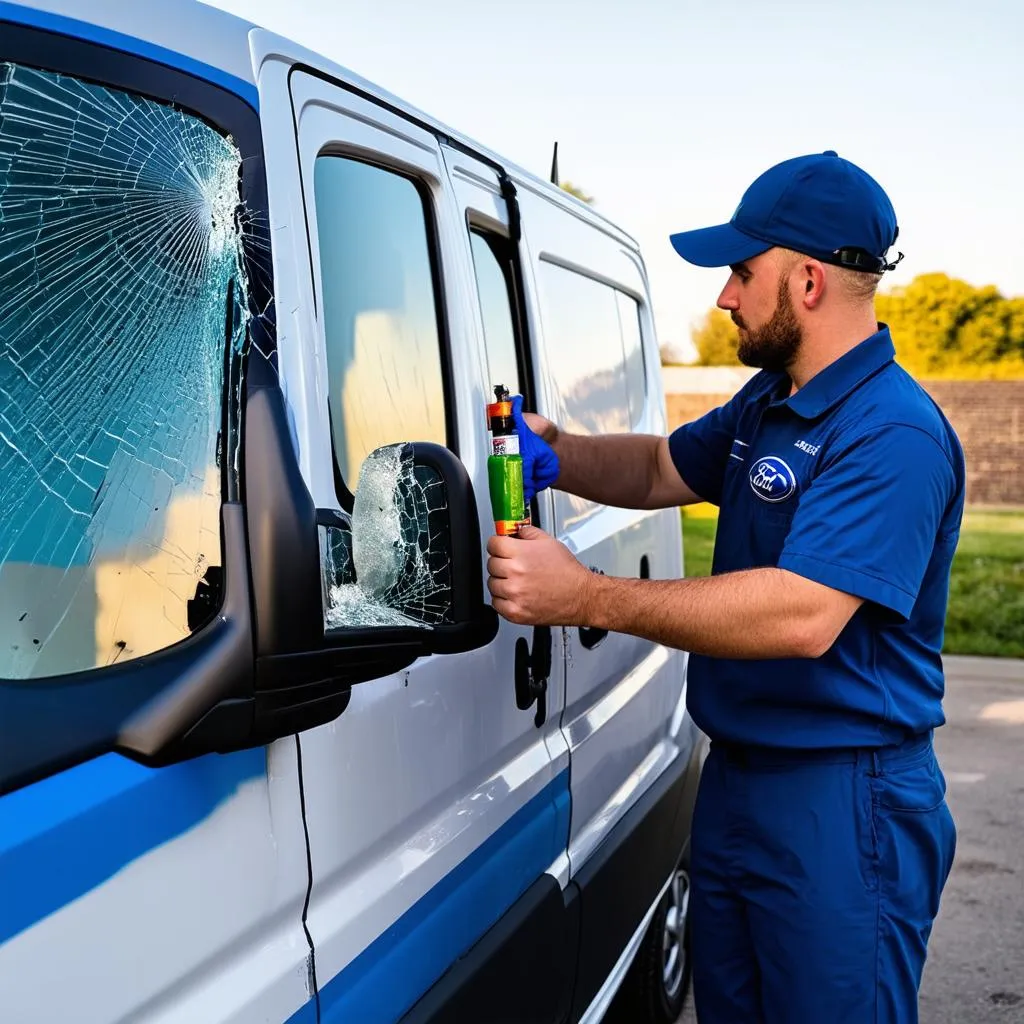 Reparatur einer Ford Transit Frontscheibe