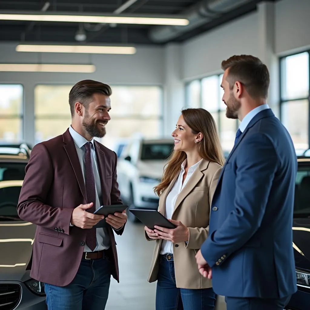 Car dealer advising customers on a used car purchase