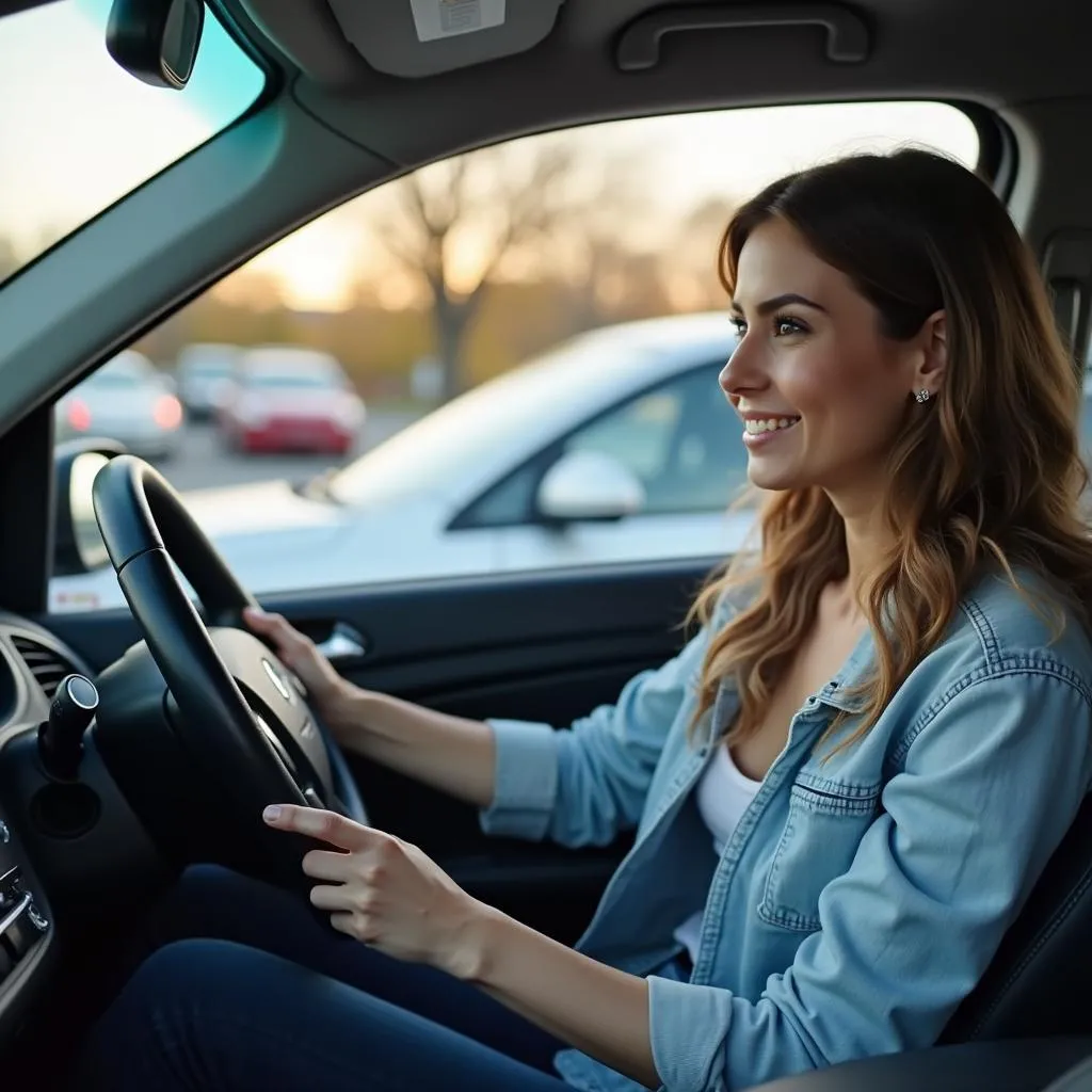 Test driving a used car at a dealership