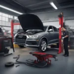 Audi Q3 auf der Hebebühne in der Werkstatt für eine große Inspektion.