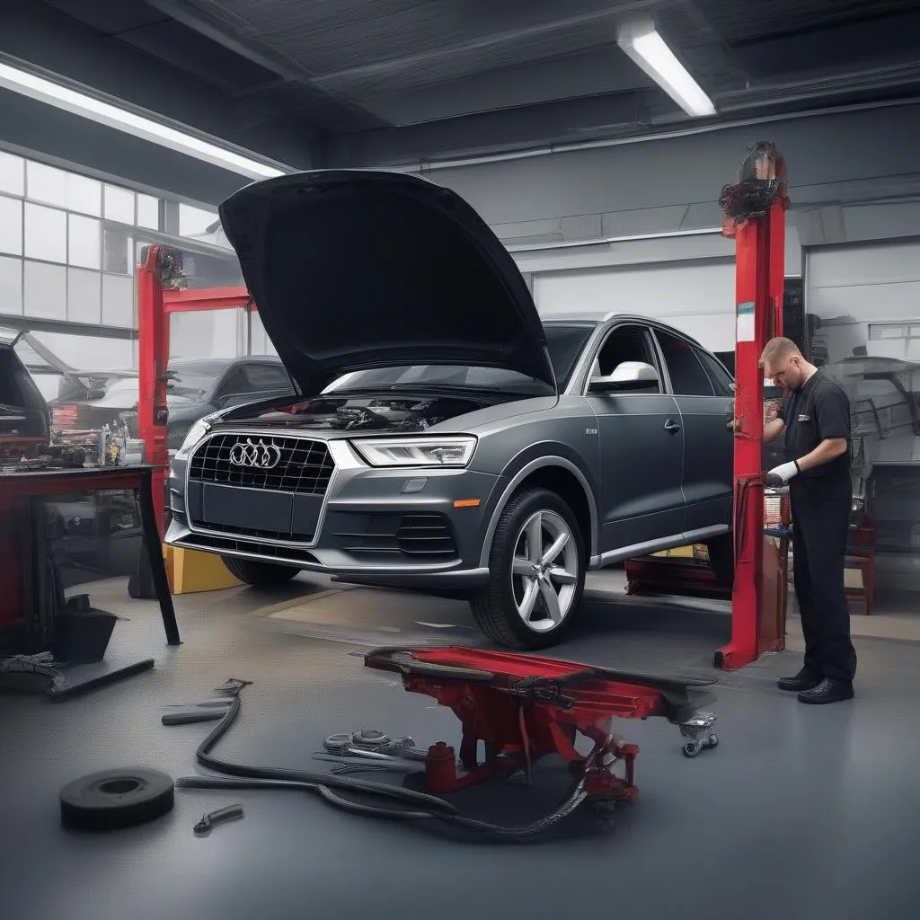 Audi Q3 auf der Hebebühne in der Werkstatt für eine große Inspektion.