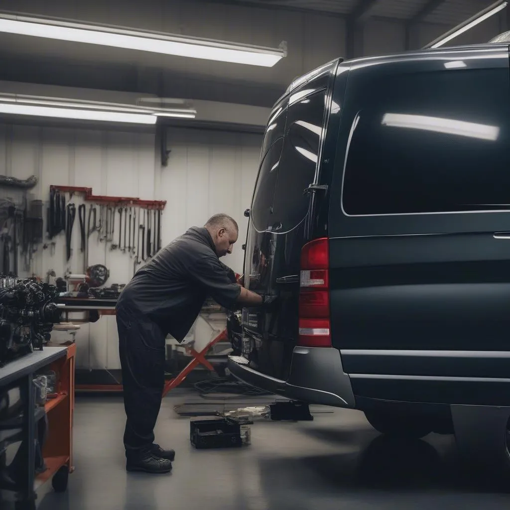 Inspektion eines Mercedes-Benz Sprinter in der Werkstatt