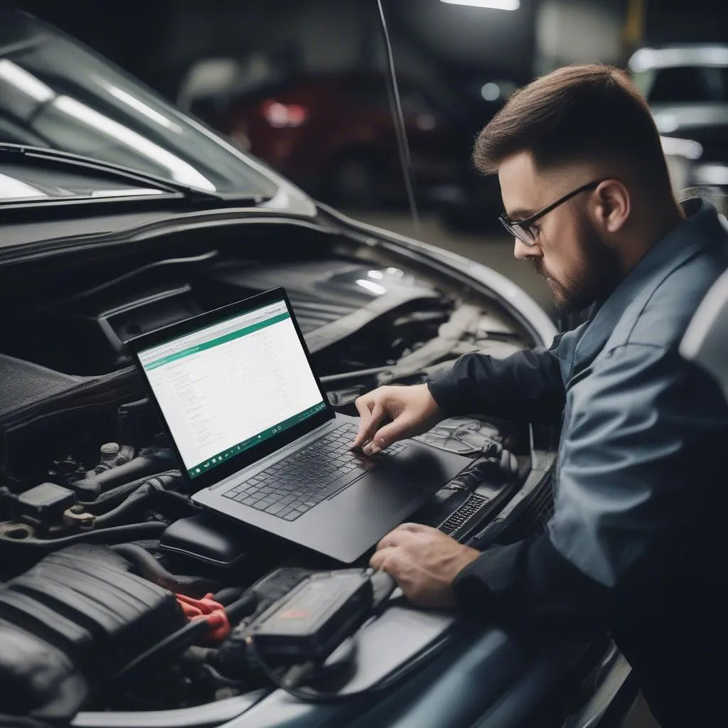 Ein Kfz-Mechatroniker analysiert Daten auf einem Laptop, der an ein Auto angeschlossen ist.