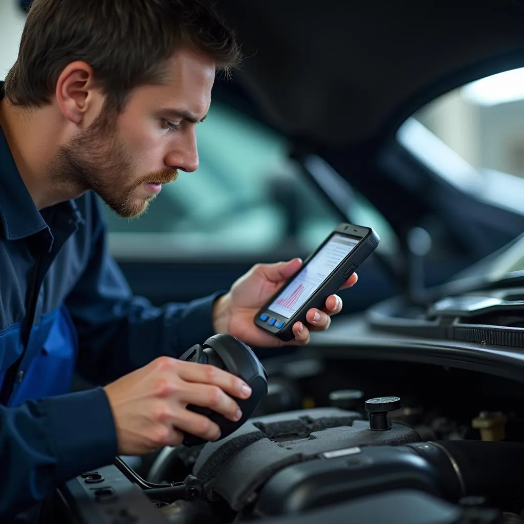 Car mechanic analyzing data on a diagnostic device