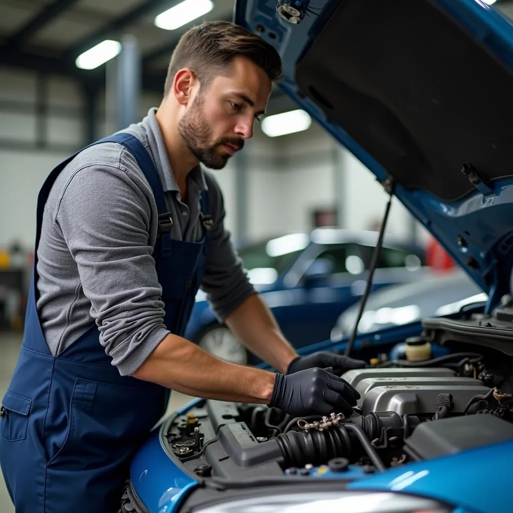 Kfz-Mechaniker bei der Arbeit am Motor