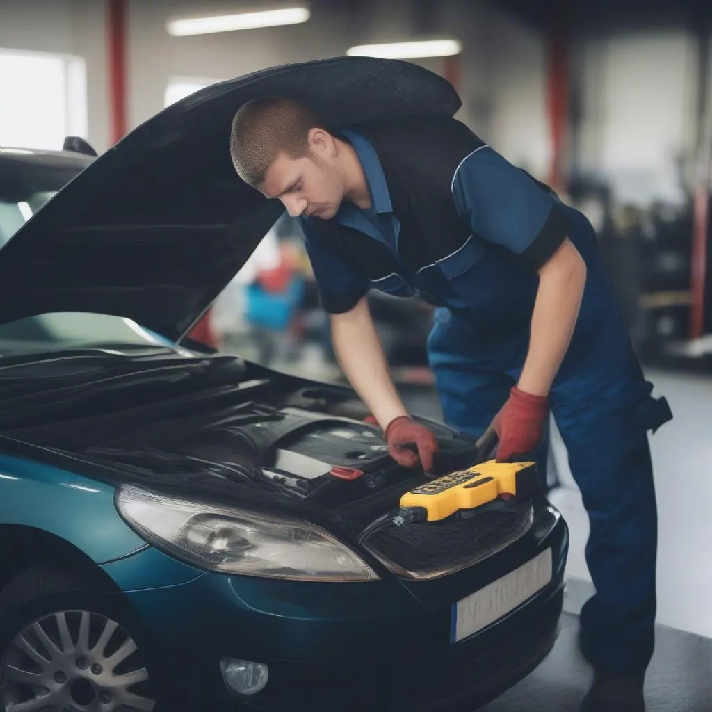 Kfz-Mechaniker bei der Fahrzeugdiagnose