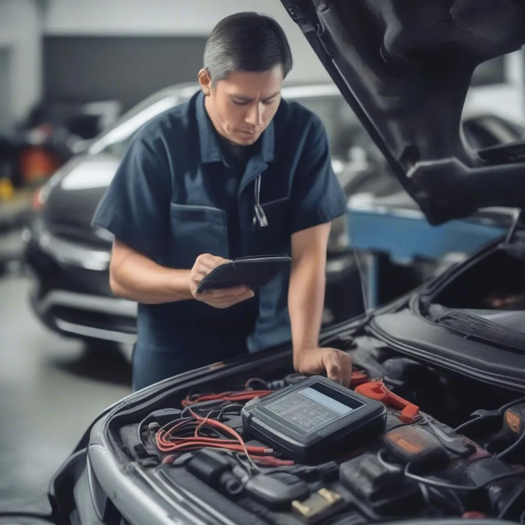 Kfz-Mechaniker führt eine Fahrzeugdiagnose durch