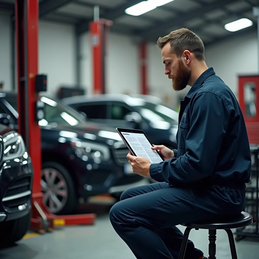 KFZ-Mechaniker liest Spiegel auf dem iPad in der Werkstatt