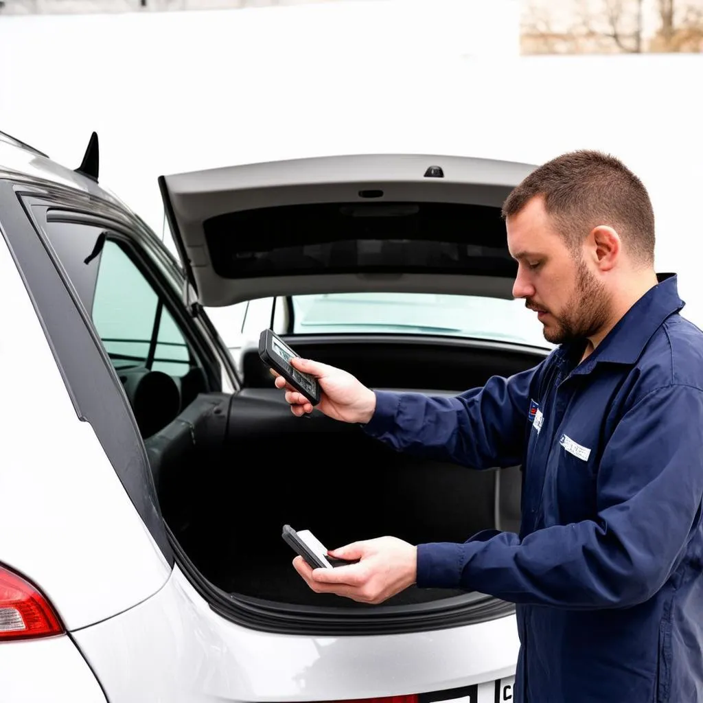 Mekanik memeriksa mobil dengan alat diagnostik