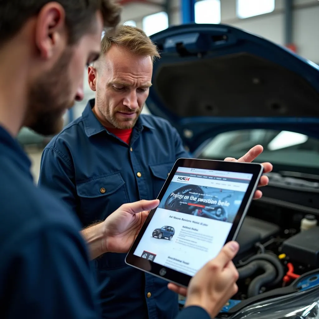 Automonteur bespreekt reparatie met klant met behulp van een tablet