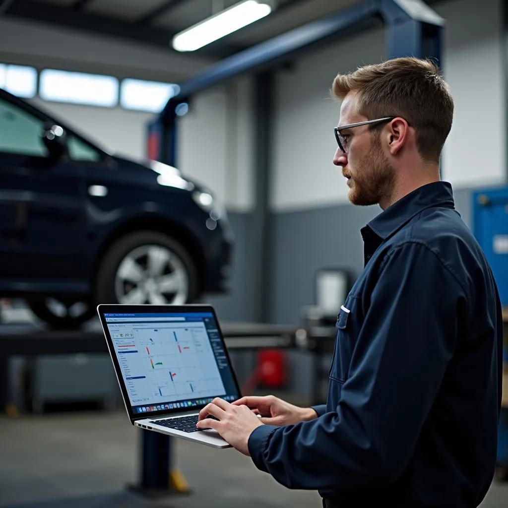 Kfz-Mechaniker nutzt Laptop für Fahrzeugdiagnose