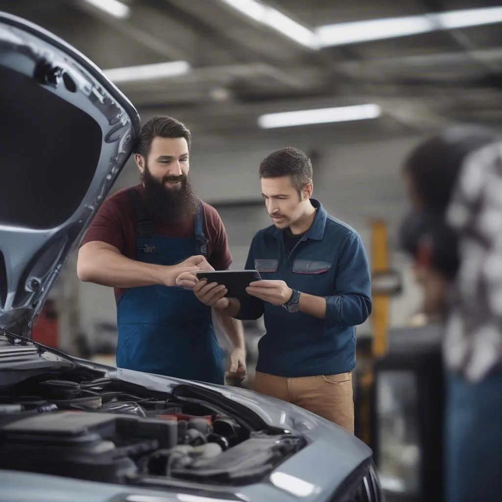 Kfz-Mechaniker berät Kunden mit Tablet