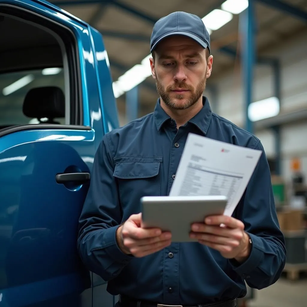 Kfz-Mechaniker prüft MRN auf einem Tablet