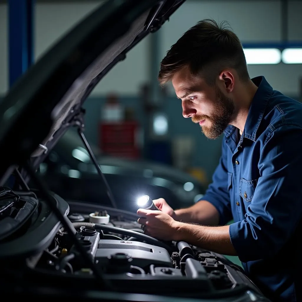 Mecânico inspecionando o motor de um veículo.