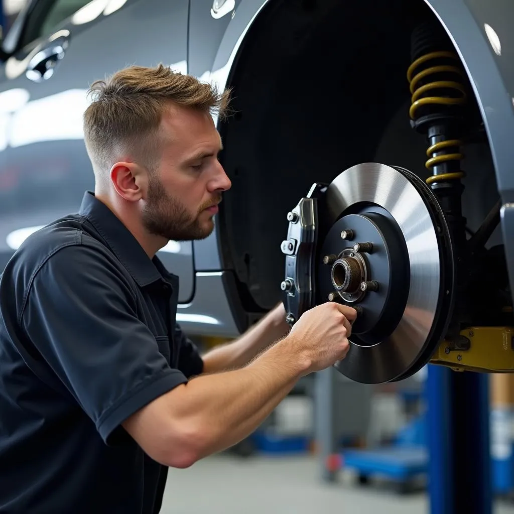 Kfz-Mechaniker repariert die Bremse eines Autos in der Werkstatt