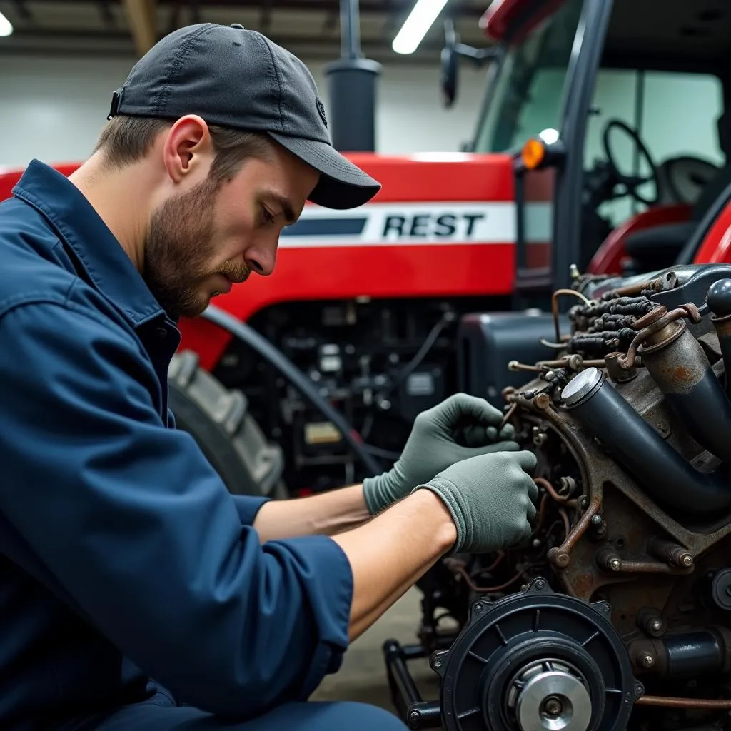 Auto mechanic repairing a tractor engine