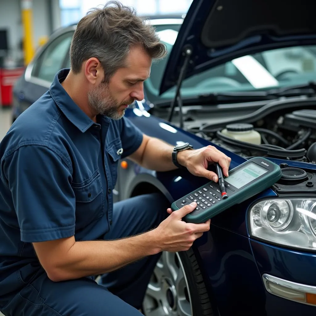 Kfz-Mechaniker bei der Reparatur eines Volkswagen Passat B4