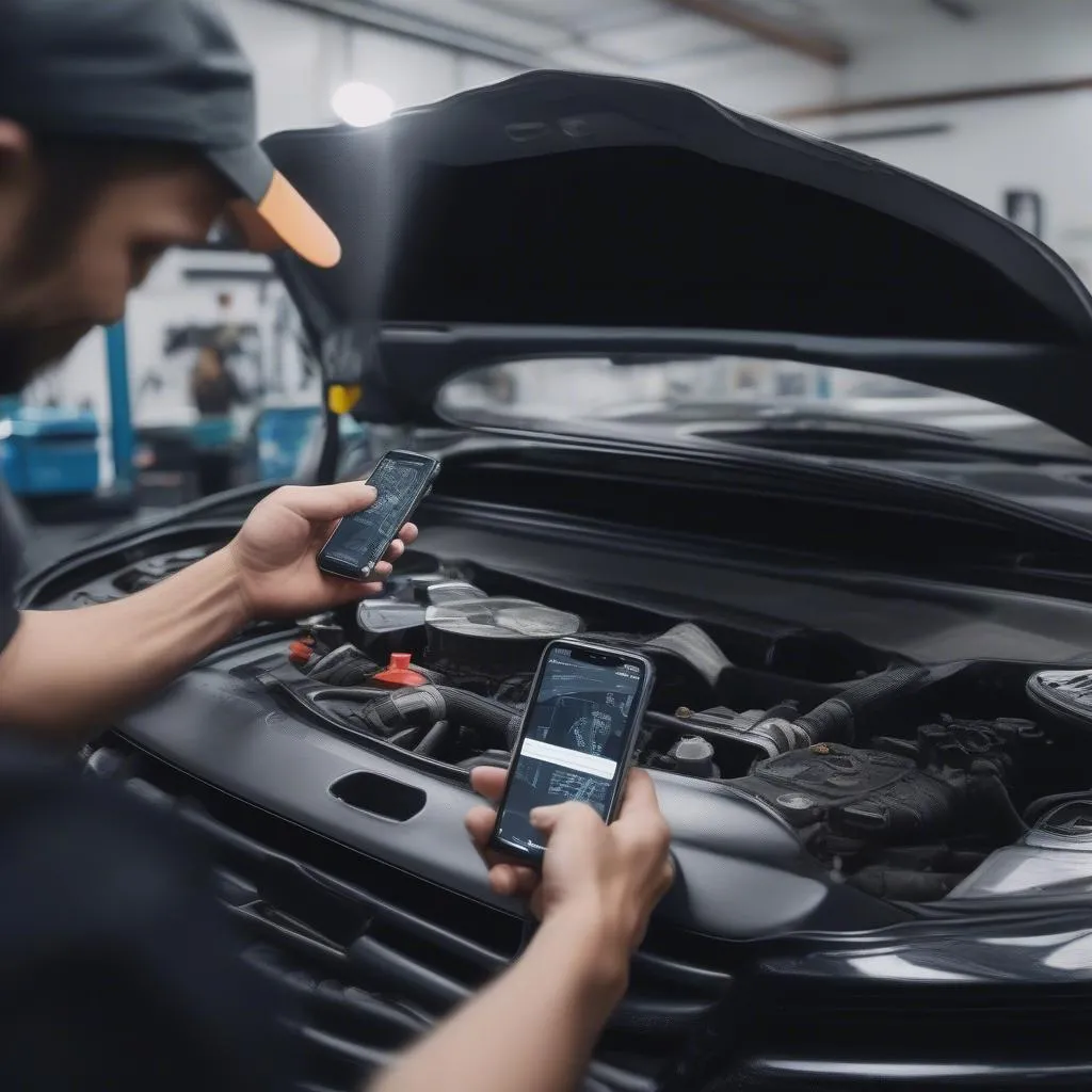 Auto mechanic using a smartphone mount while repairing a car