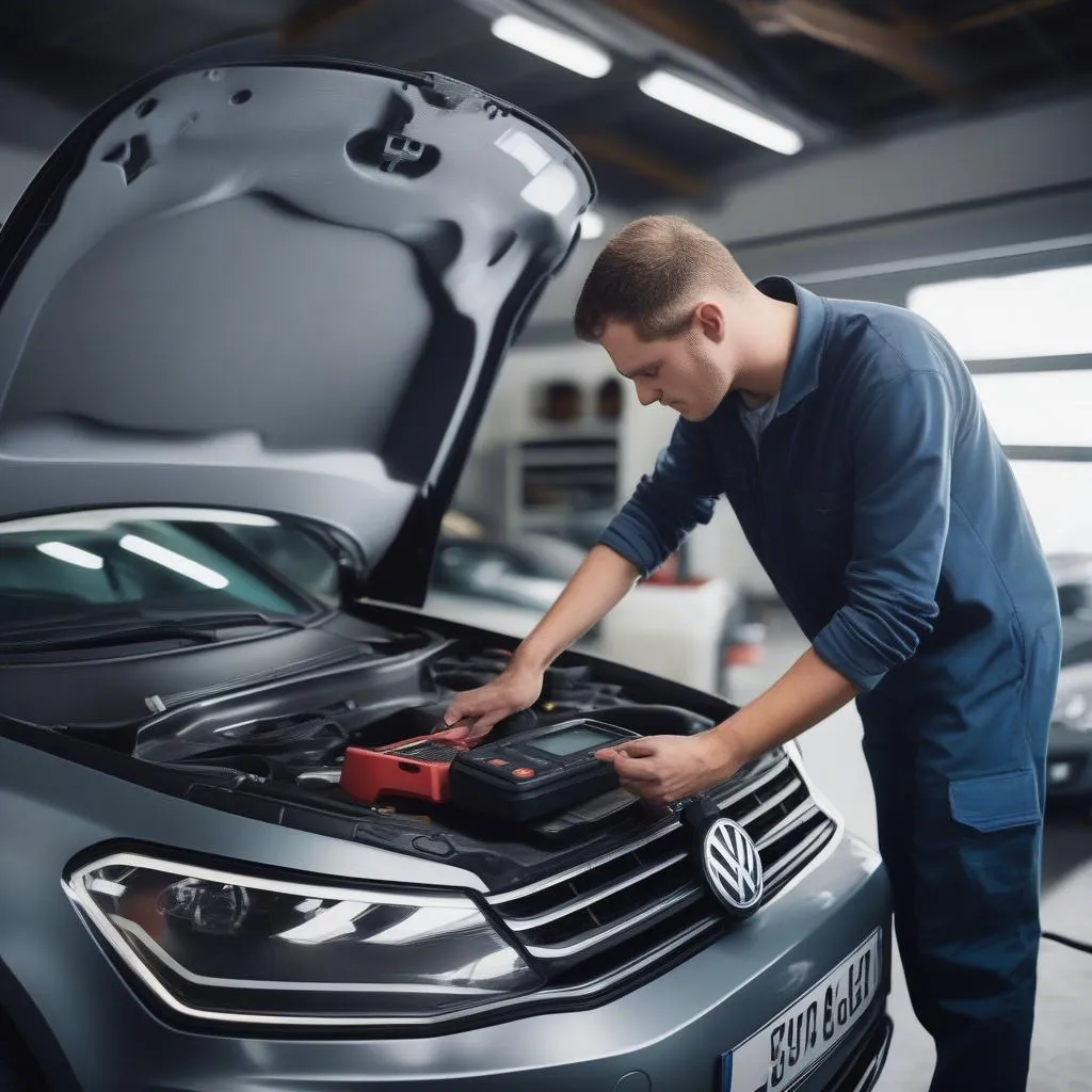 Kfz-Mechatroniker führt eine Diagnose an einem VW durch