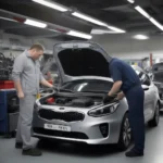 Kia Werkstatt Frankfurt Fischer: Ein Mechaniker inspiziert den Motorraum eines Kia.