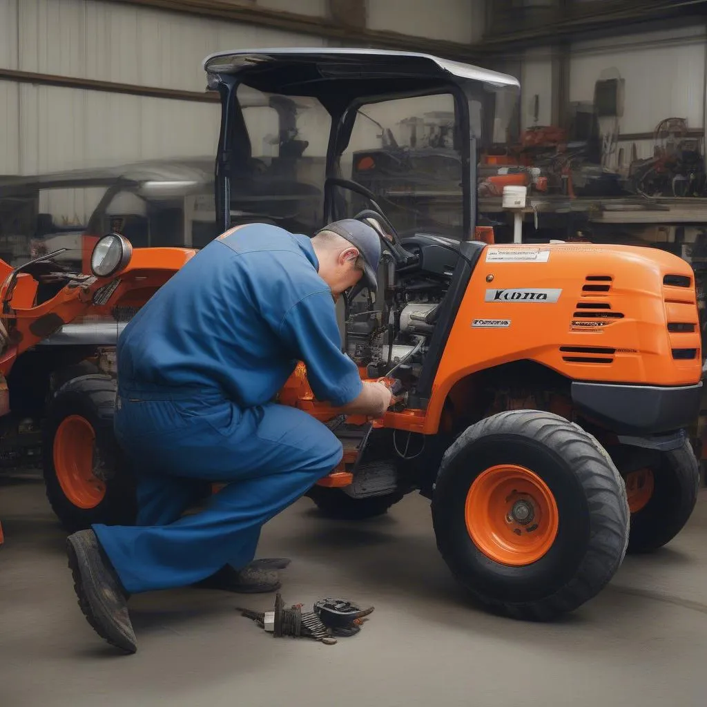 Wartung eines Kubota Traktors in der Werkstatt