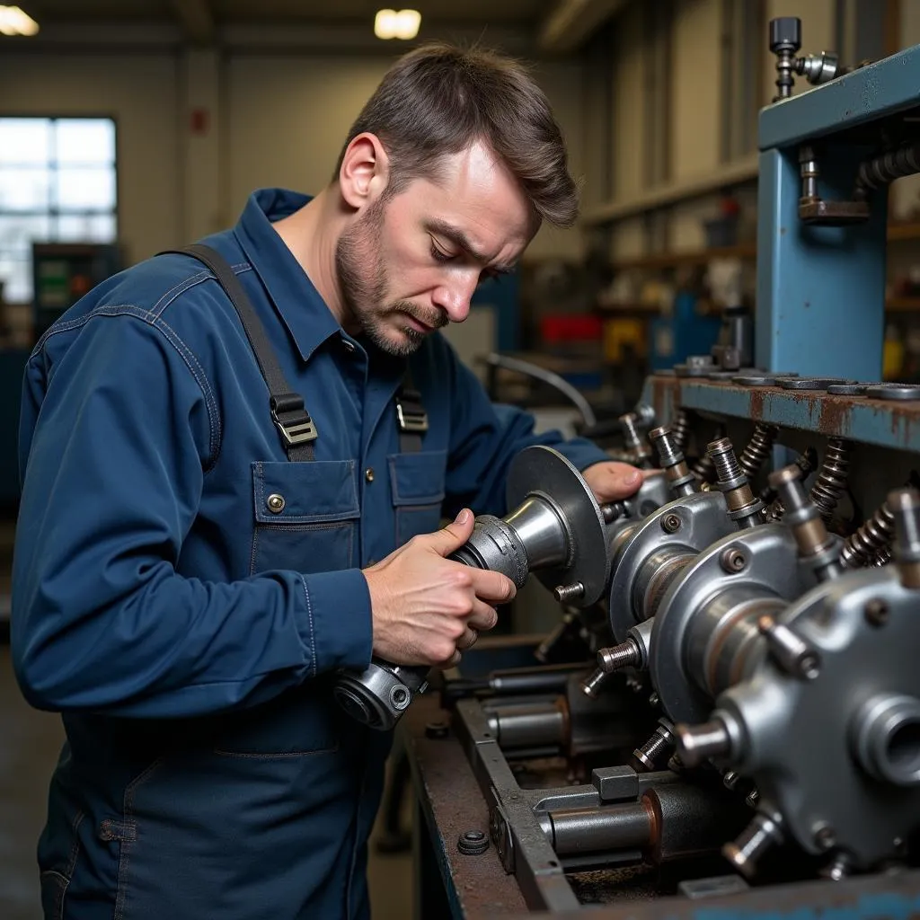 Mechaniker arbeitet an einer Kurbelwelle in einer Werkstatt