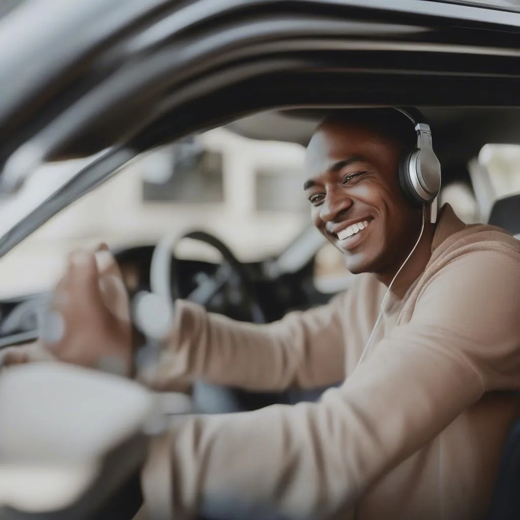 Un uomo ascolta musica in auto con un sorriso sul volto