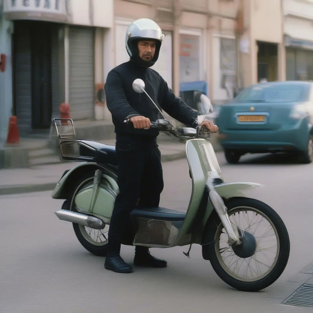 Mann mit Helm steht neben einer Mofa