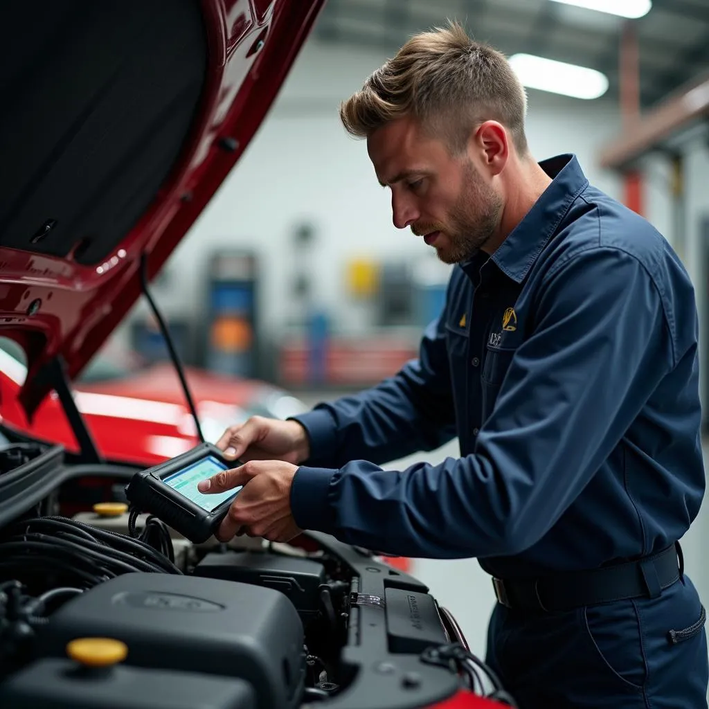 Mechaniker führt eine Motordiagnose durch