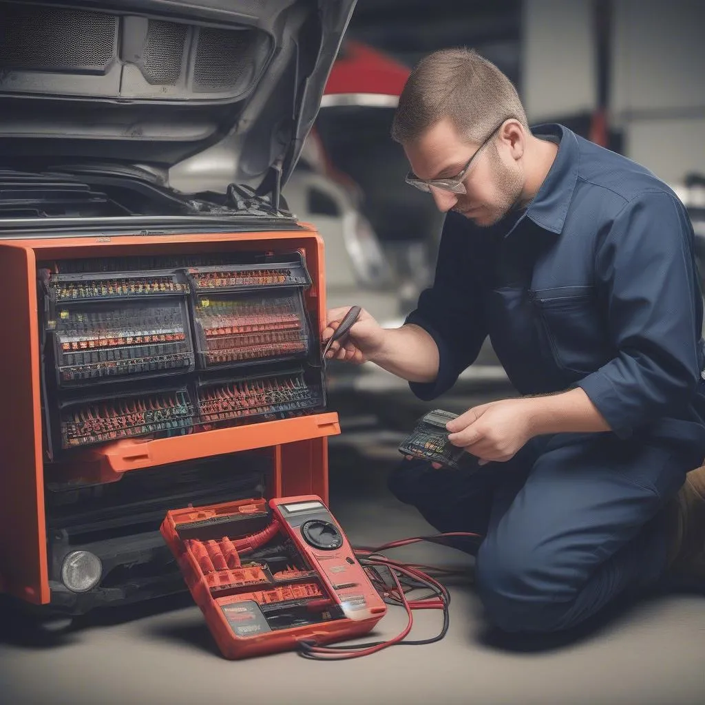 Mechanic inspecting a car fuse box