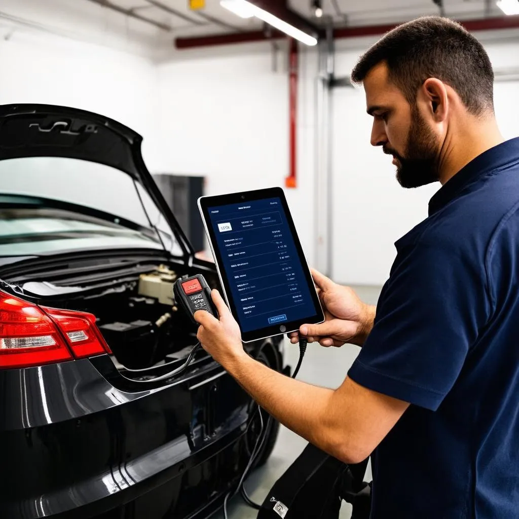 Mechaniker nutzt ein Tablet für die Fahrzeugdiagnose