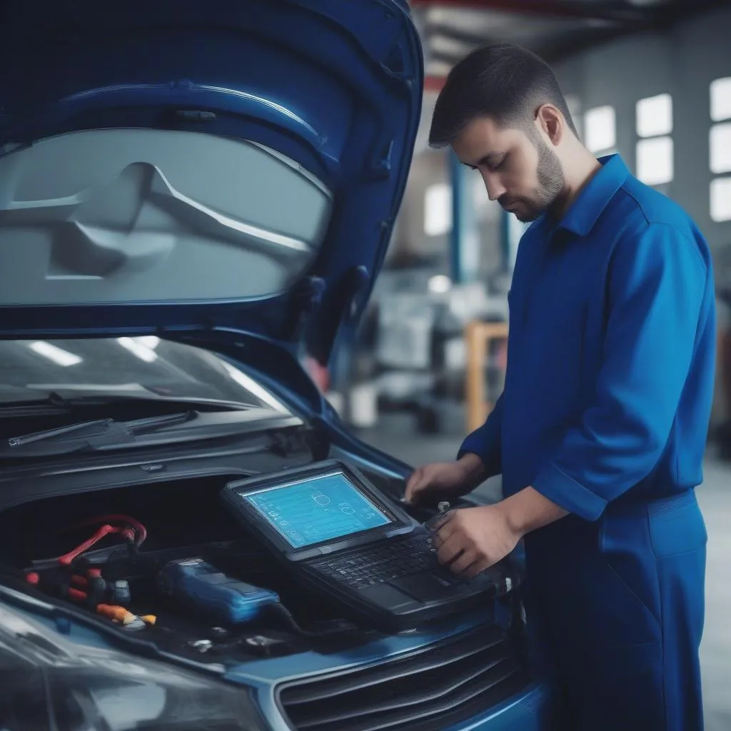 Mechanic Working On A Car Diagnostics