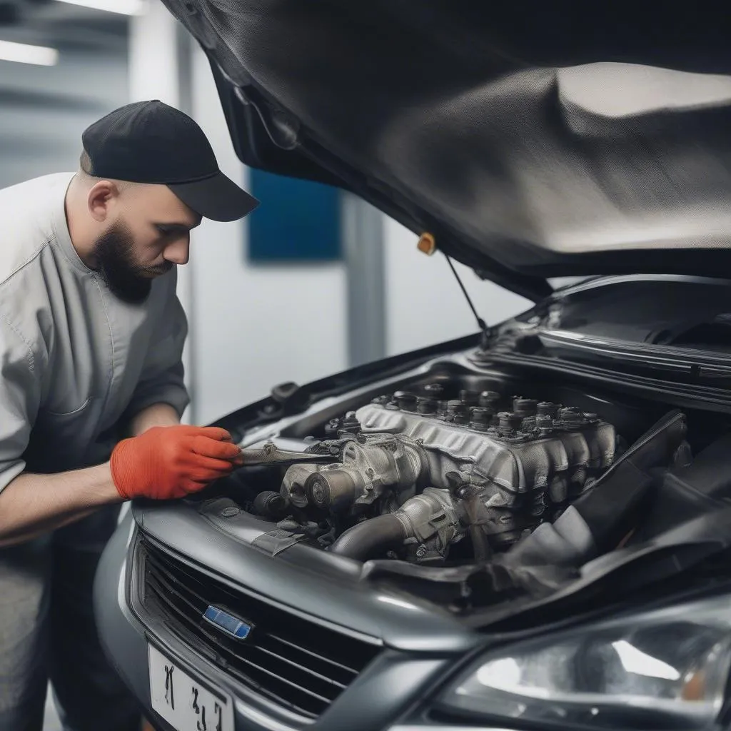 Mechaniker arbeitet am Auto Motor