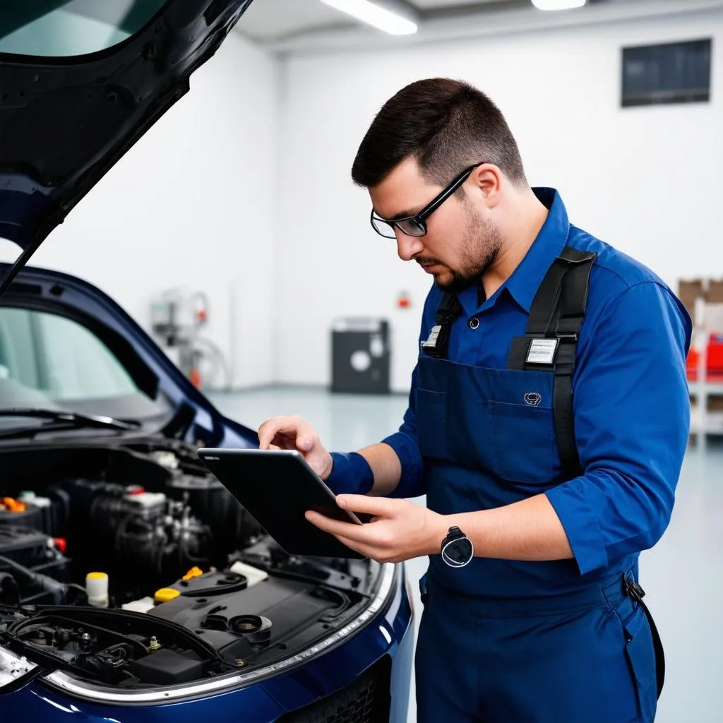 Car mechanic working on an electric car