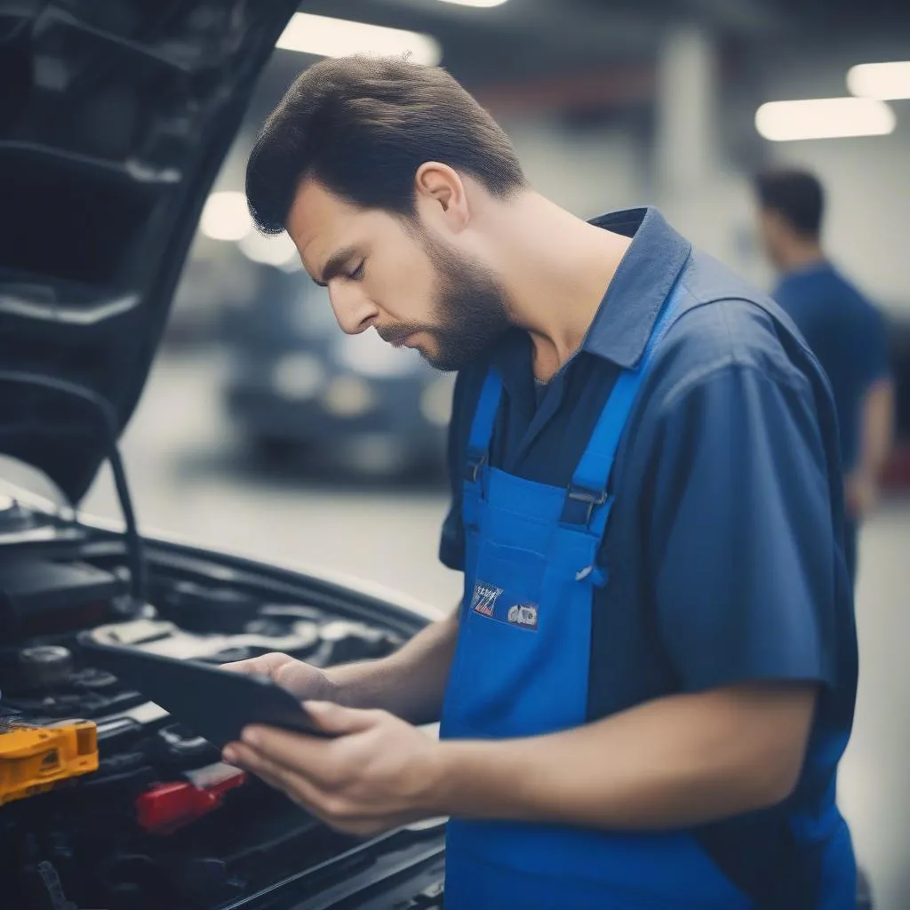 Mechaniker analysiert Fahrzeugdaten