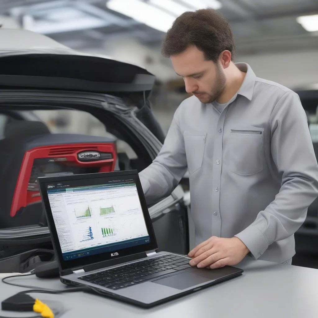 Mechaniker analysiert Fahrzeugdaten auf einem Laptop