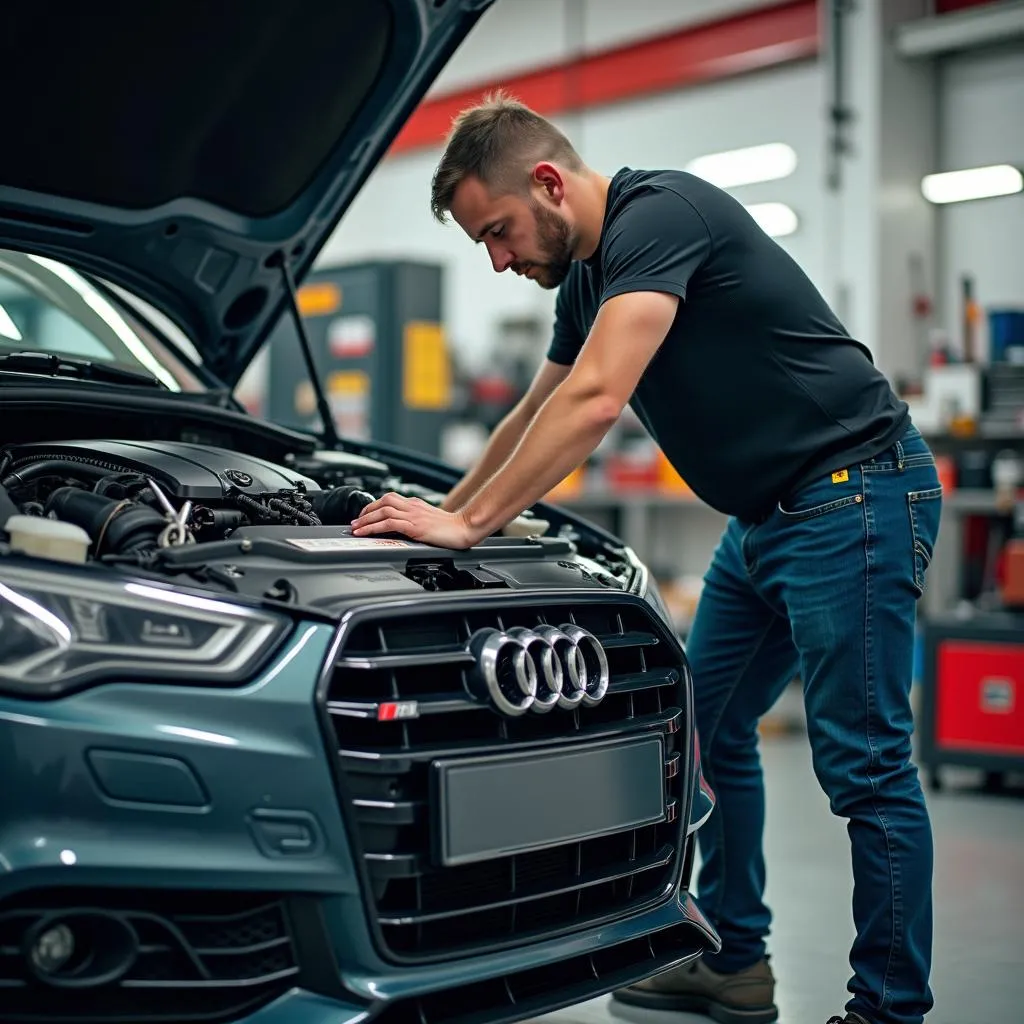 Mechaniker arbeitet an einem Audi A3 Motor