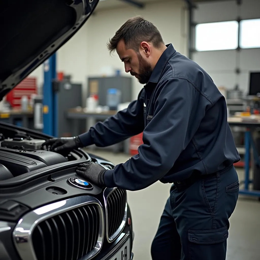 Mechaniker arbeitet an einem BMW 5er in einer Werkstatt