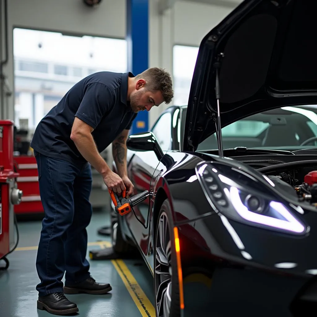 Mechaniker arbeitet an einem Sportwagen in einer Werkstatt