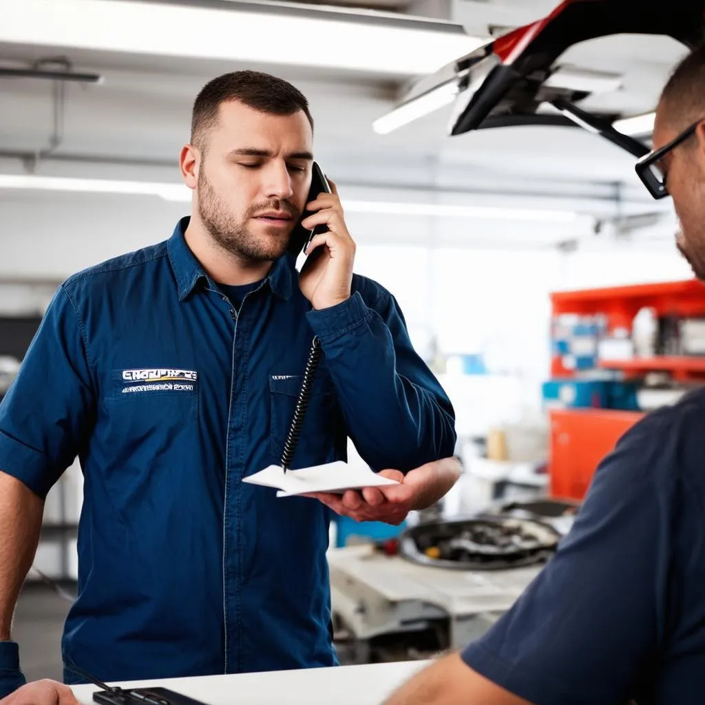 Mechaniker berät Kunden am Telefon