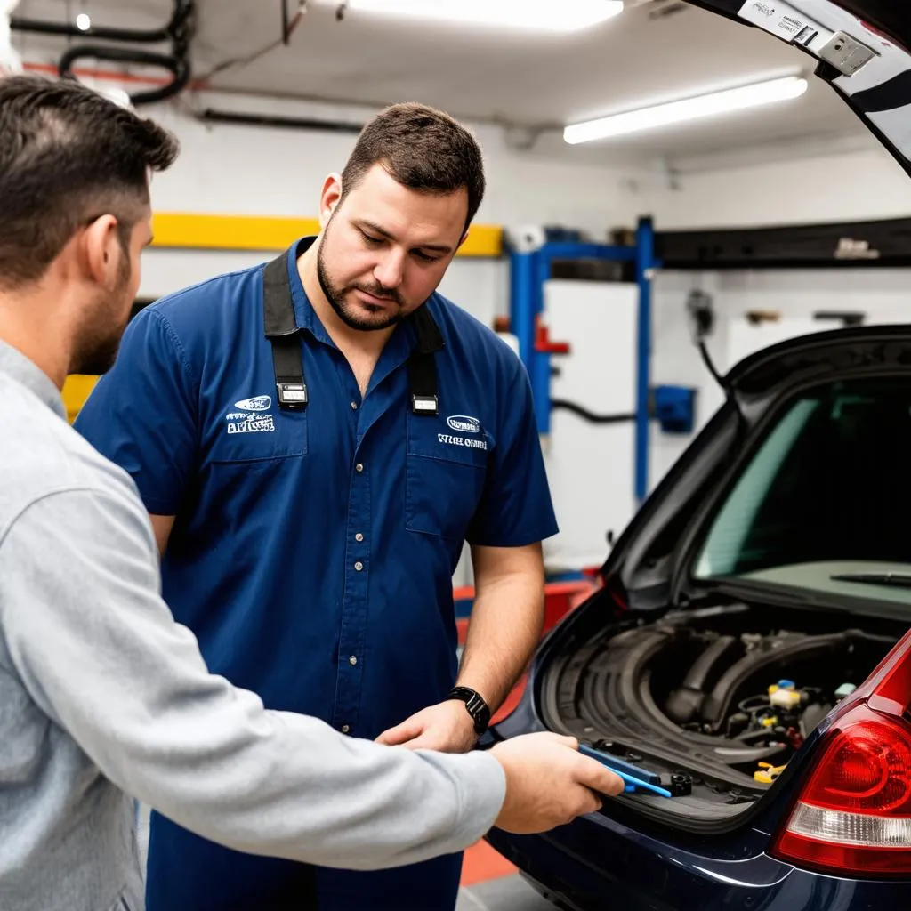 Automechaniker berät Kunden in der Werkstatt zum Thema Alarmanlagen