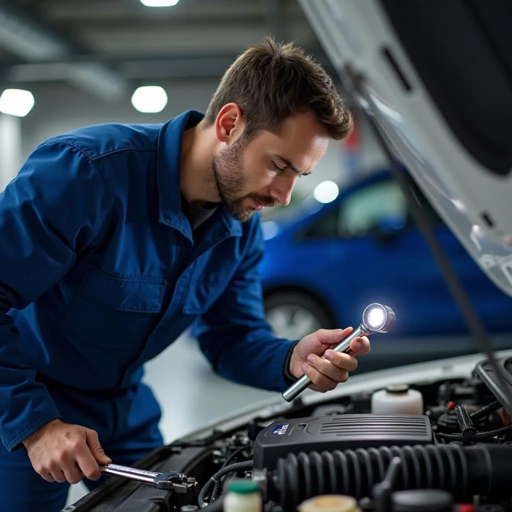 Mechaniker checkt den Motor eines Autos