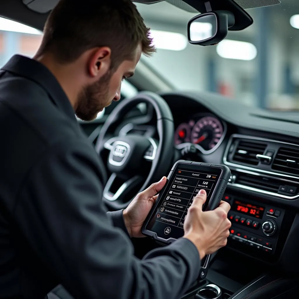 Mechaniker führt Diagnose am Audi A6 Steuergerät durch